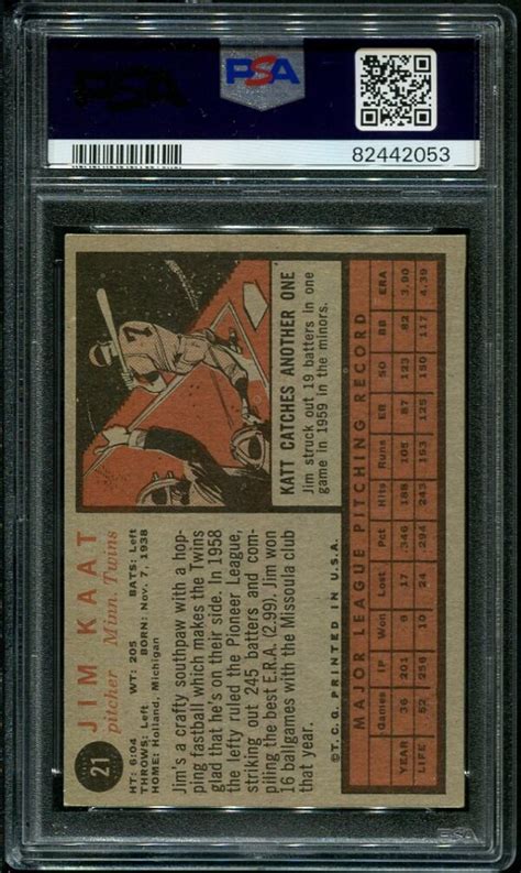 1962 Topps 21 Jim Kaat PSA 5 HOF 82442053 All Star Cards Inc