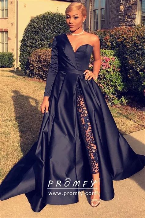 Black Thick Satin One Sleeve Unique Asymmetrical Prom Gown With Thigh