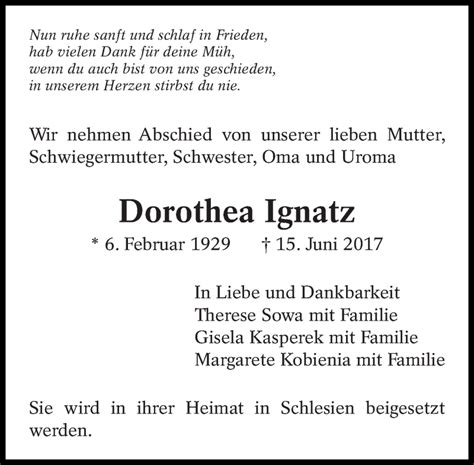 Traueranzeigen Von Dorothea Ignatz Zeit Des Gedenkens De