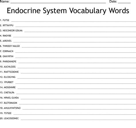 Endocrine System Vocabulary Words Word Scramble Wordmint