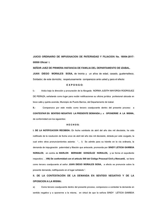 Contestacion De Demanda En Sentido Negativo Y Oposicion A La Misma