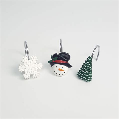 Holiday Snowman Snowflakes Tree Christmas Shower Curtain Rings Hooks | GoJeek