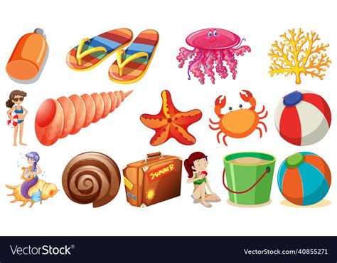 Set Of Summer Beach Objects And Cartoon Characters