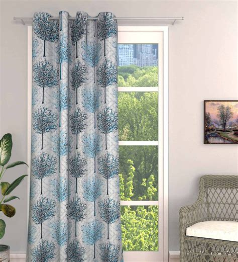 Buy Blue Polyester Light Filtering Feet Eyelet Curtain Set Of By