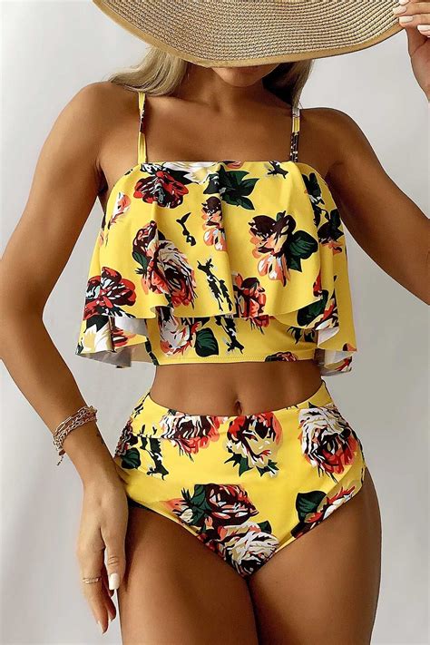 Shein Bikini De Cintura Alta Con Volante Floral Vezia