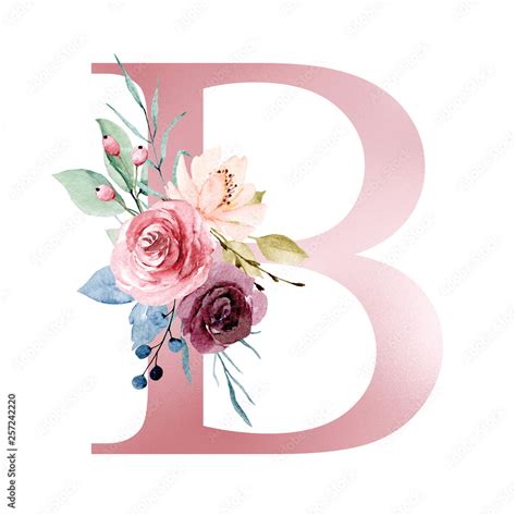 Floral Alphabet Letter B With Watercolor Flowers And Leaf Monogram