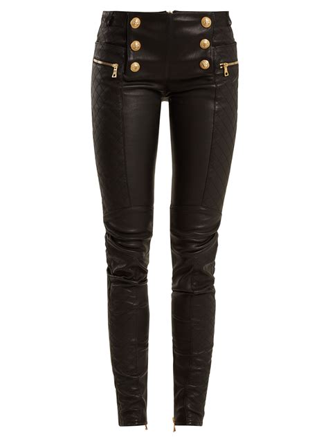 Balmain Military Button Skinny Leg Leather Biker Trousers In Black