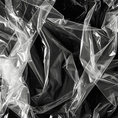 Wrinkled Plastic Transparent Wrap Texture On A Black Background Texture