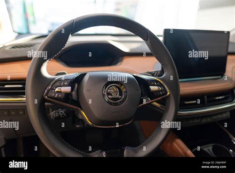 Interior Cockpit Electric Car Koda Enyaq In Showroom Ev Volkswagen