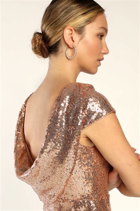 Shiny Rose Gold Maxi Dress Sequin Dress Cowl Back Dress Lulus