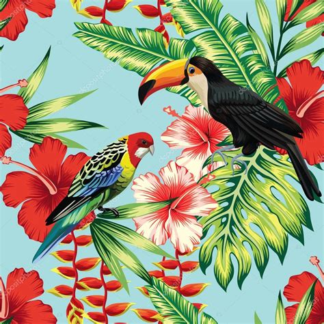 Tropical Birds And Flowers Seamless Background Stock Vector