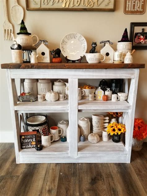 Farmhouse Coffee Bar Table With Rae Dunn Collection