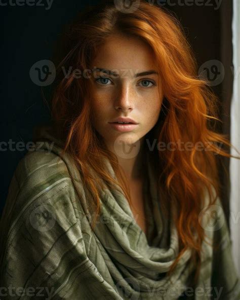 Portrait Of A Beautiful Redhead Woman With Blue Eyes And Freckles Generative Ai 28388208 Stock