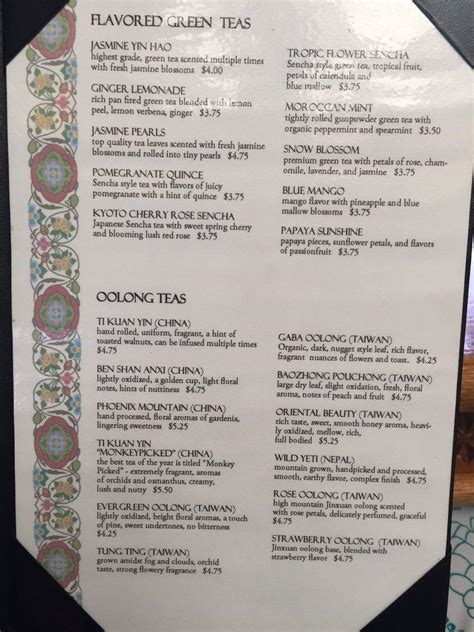 Menu at The Boulder Dushanbe Teahouse cafe, Boulder