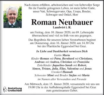 Traueranzeigen Von Roman Neubauer Trauer Kleinezeitung At