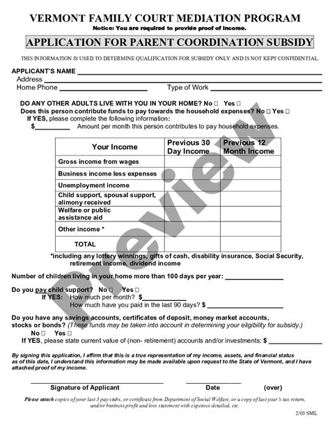 Vermont Parent Coordination Subsidy Form US Legal Forms