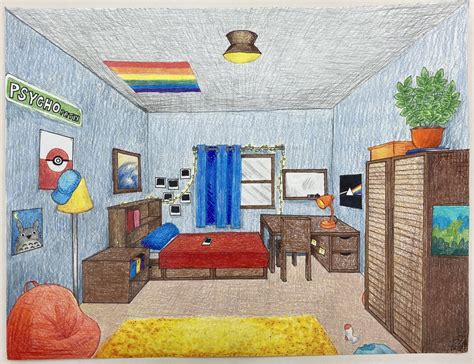 one point perspective bedroom drawing 2