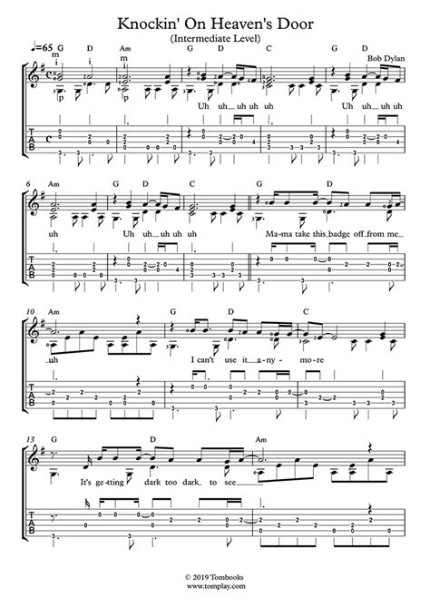 Knockin On Heavens Door Intermediate Level Solo Guitar Bob Dylan Guitar Tabs And Sheet