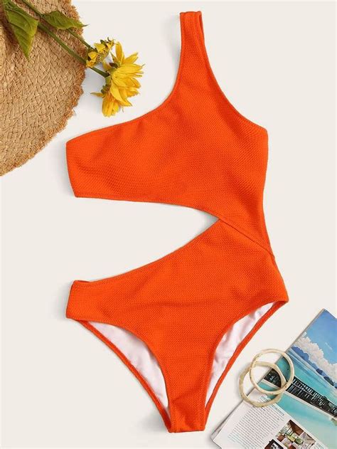 One Shoulder Textured Cut Out One Piece Swim Cut Out One Piece One