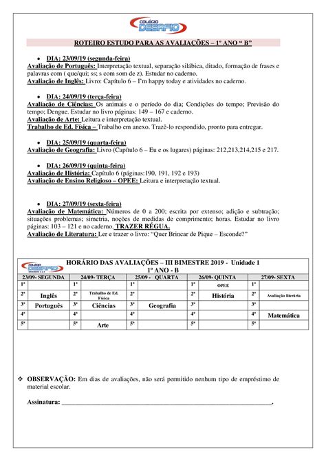 Roteiros de estudos e horários das avaliações 1º ao 5º Fundamental