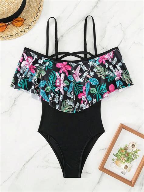 Shein Swim Vcay Tropical Print Criss Cross One Piece Swimsuit Shein Usa