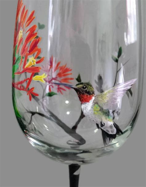 Hummingbird Wine Glass Hand Painted Floral Tree Summer Bird Etsy