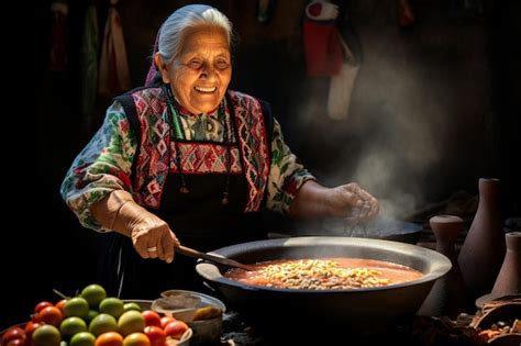 Aut Ntica Abuela Mexicana Mezclando Una Olla De Pozole En Su Cocina