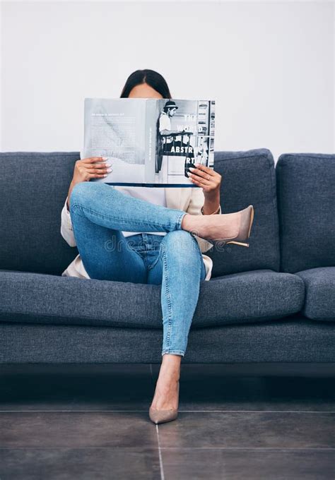 Relax Magazine Or Girl Reading Newspaper Articles On Sofa At Home For Information Or Story