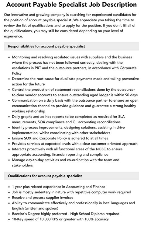 Account Payable Specialist Job Description Velvet Jobs