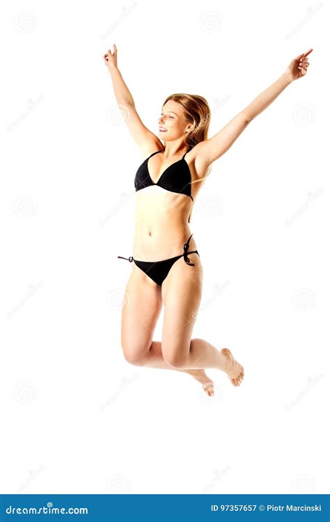 Beautiful Smiling Woman In Bikini On White Background Stock Image