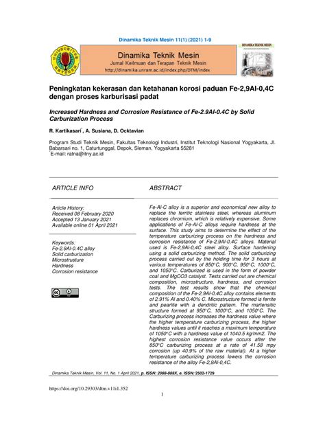 Pdf Peningkatan Kekerasan Dan Ketahanan Korosi Paduan Fe 2 9al 0 4c Dengan Proses Karburisasi