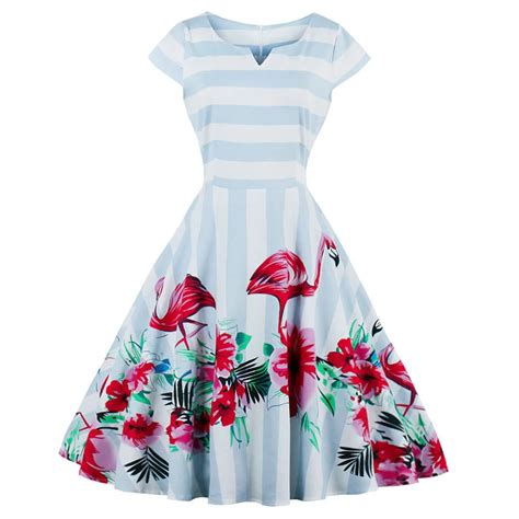 Wipalo Women Vintage Dress Floral Flamingo Print Summer Pin Up Dresses