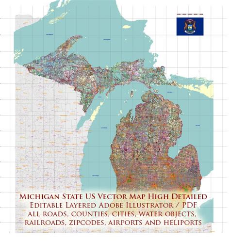 _Michigan State US PDF Vector MAP: Accurate Roads Plan High Detailed ...