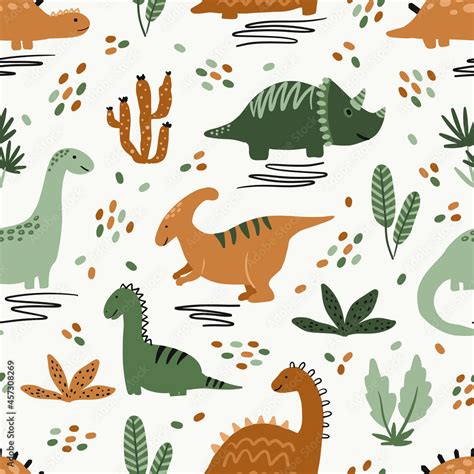 Kids seamless pattern with cute dinosaur vector clipart in scandinavian ...