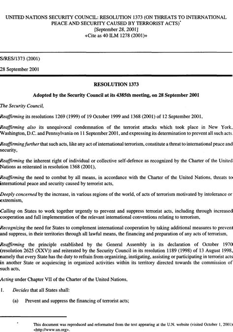 United Nations Security Council Resolution 1373 On Threats To