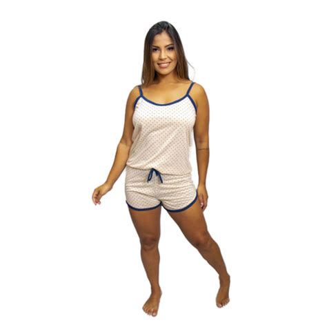 Pijamas Femininos Baby Doll Modelo Slim Nova Cole O Bolinha Azul Em