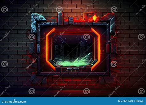 Abstract Background Of Sci Fi Hud Ui Neon Frame On Brick Wall Stock