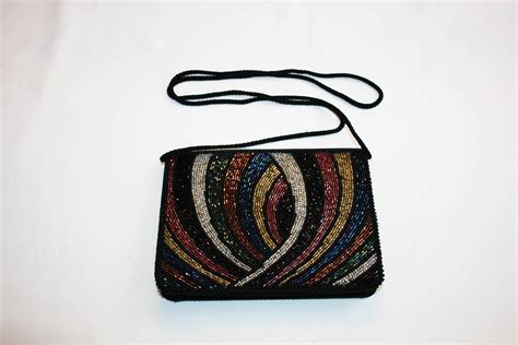 Vintage Black Satin Beaded Evening Bag With Button Snap Clasp Clutch