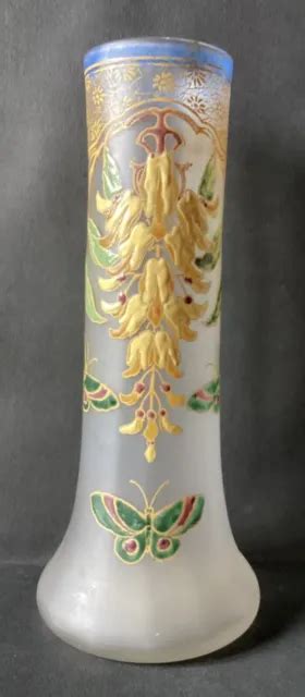 GRAND VASE 1900 art nouveau Signé LEGRAS verre emaillé aux papillons 30