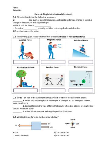 Force Introduction Worksheet Distance Learning Teaching Resources