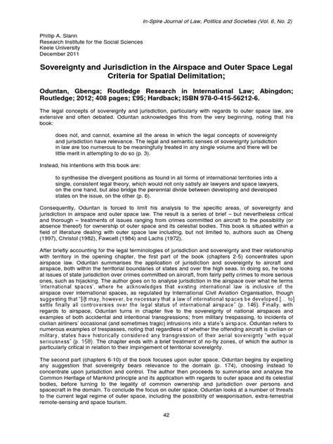 Slann 2011 Sovereignty And Jurisdiction In The Airspace And Outer Space