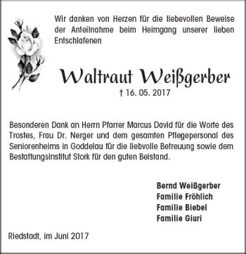 Traueranzeigen Von Waltraut Wei Gerber Vrm Trauer De