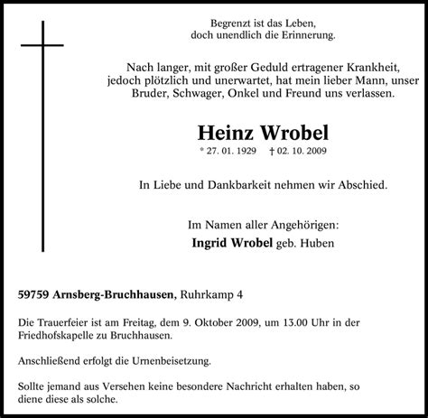 Traueranzeigen Von Heinz Wrobel Trauer In Nrw De