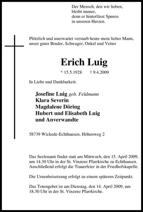 Traueranzeigen Von Erich Luig Trauer In Nrw De