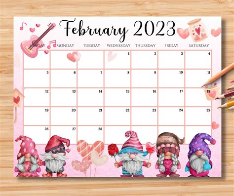 Editable February Calendar Sweet Valentine With Love Gnomes