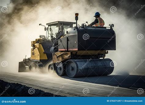 Worker Operating Asphalt Paver Machine Finisher During Road