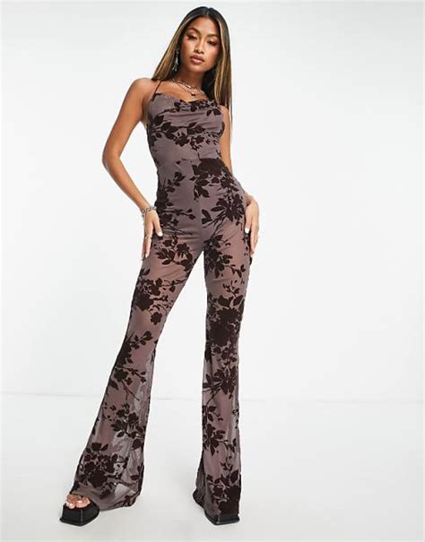 Asos Design Mesh Cowl Neck Cross Back Jumpsuit In Flocked Floral Asos