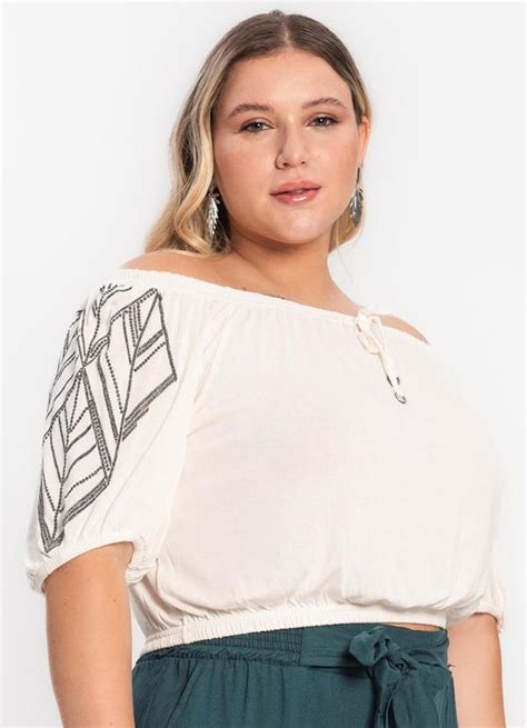 Blusa Ciganinha Feminina Plus Size Bege Secret Glam