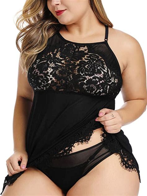 FM Plus Size Lingerie Babydoll Lace Floral Halter Sleepwear Set High