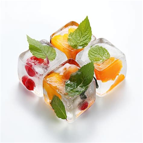 Un Cubo De Hielo Con Frutas Y Cubitos De Hielo Y Una Hoja Verde Foto